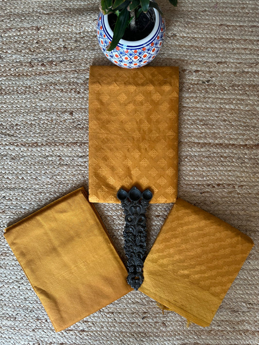 Mustard yellow muslin handloom banarasi booti three piece suit cbs-74