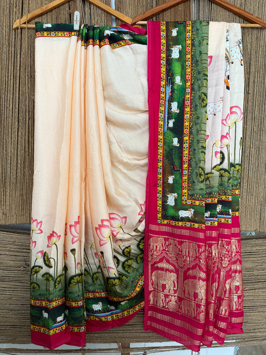 Barely peach & pink patola modal silk  pichwai print sari with zari border pms-10154