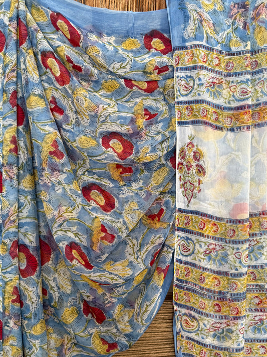 Dusty Sky Blue Chiffon handblock sari