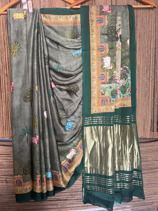 Green patola modal silk  pichwai print sari with zari border pms-10157