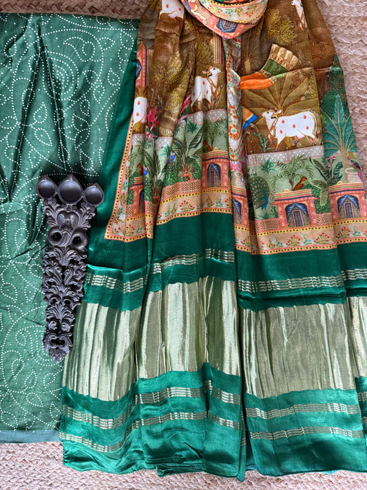Green mashru silk kurta with patola handcrafted modal silk dupatta ps-212