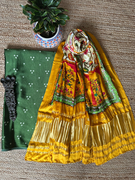 Green mashru  silk kurta with patola handcrafted modal silk dupatta ps-1078