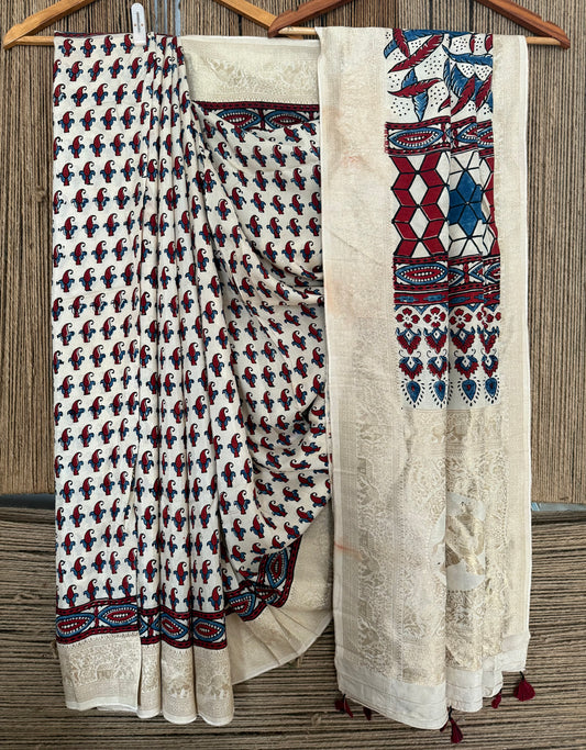 Beige golden dola  silk ajrakh zari border sari