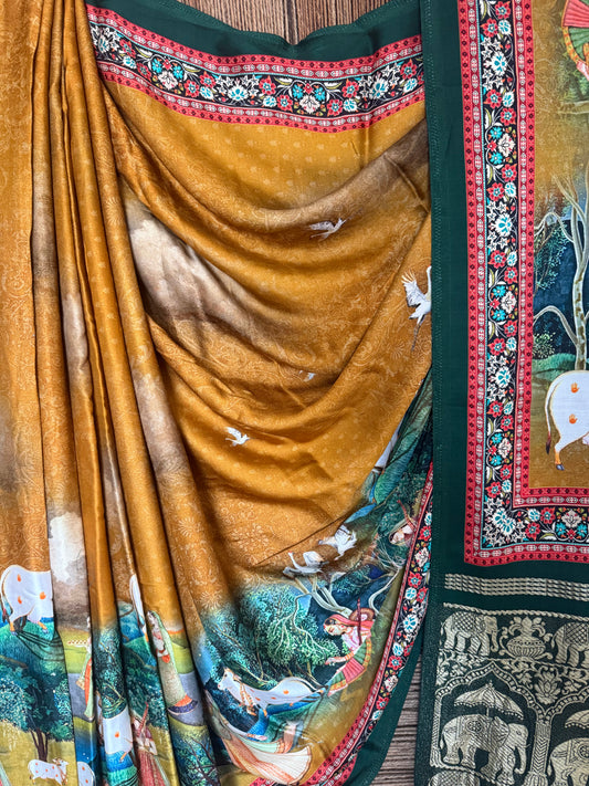 Mustard & green modal silk pichwai patola print sari with zari border pms-