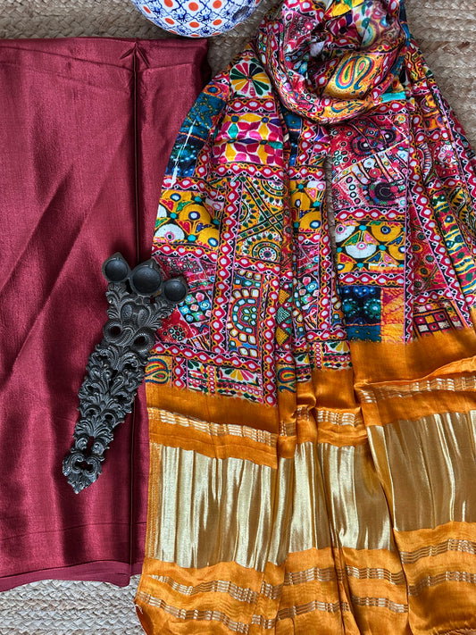 Maroon solid mashru silk kurta with patola handcrafted modal silk dupatta ps-9