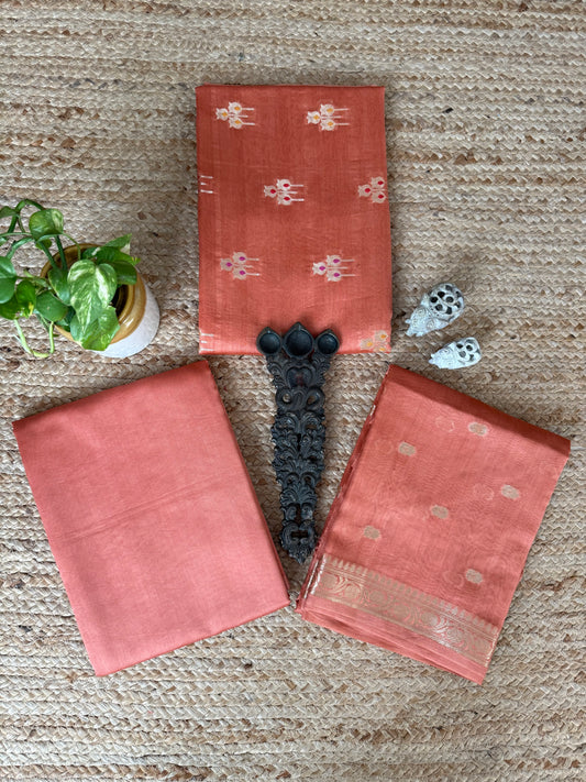 Salmon chanderi handloom banarsi booti three piece suit