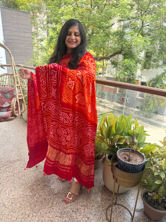 Red  & orange handwoven handcrafted gajji silk chandmukhi dupatta