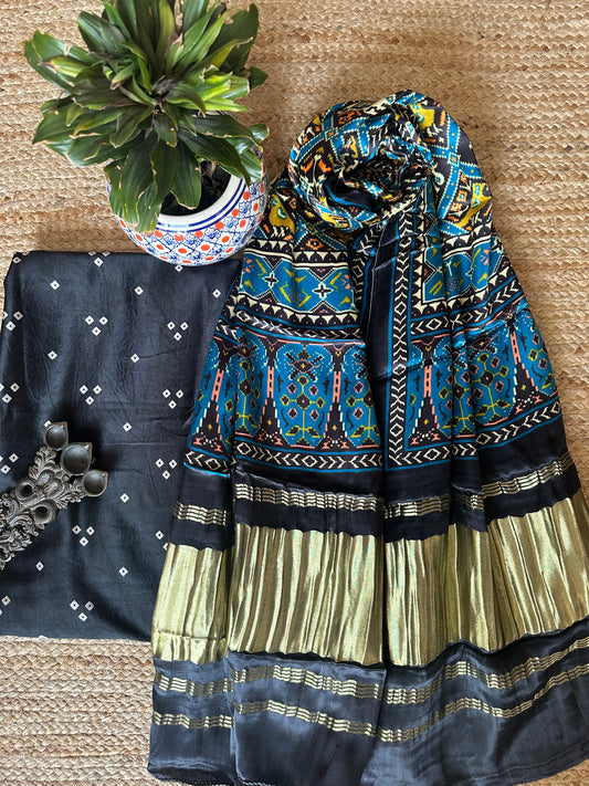 Black  triangle bandhani patola pichwai mashru  silk kurta with  handcrafted modal silk dupatta ps- 1034