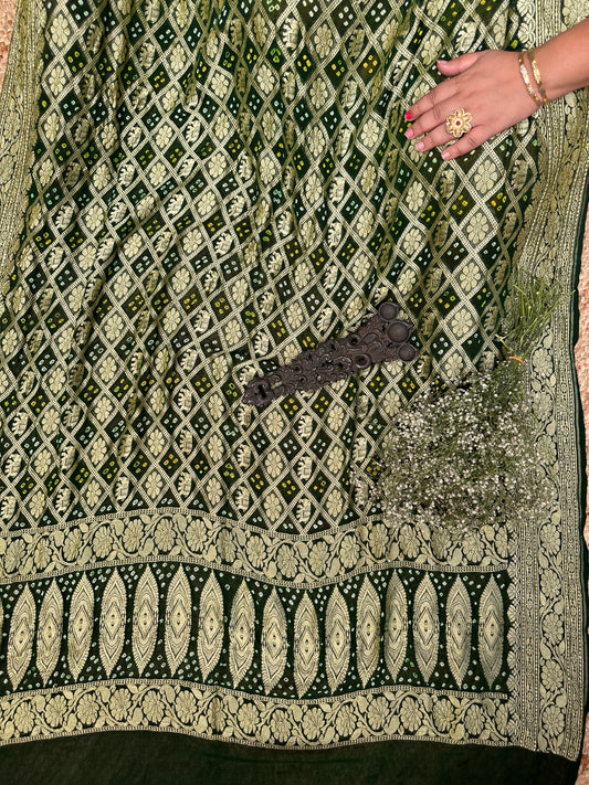 Green handwoven neemzari bareek bandhani in khaddi georgette dupatta