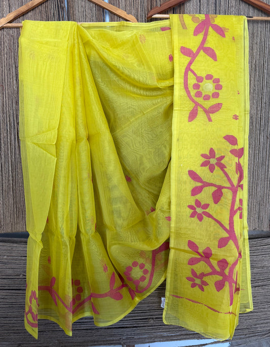 Sunshine yellow jamdani handwoven pure muslin silk sari