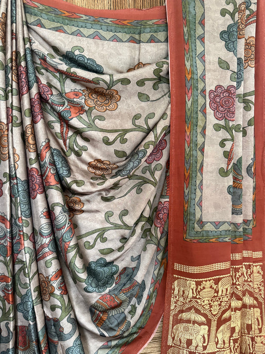 Brown  maroon modal silk patola print sari with zari border pms- 1066