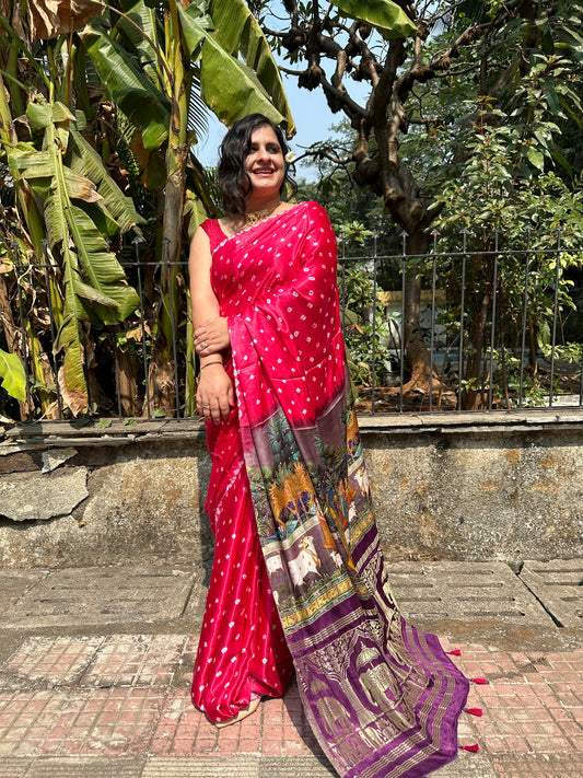 Magenta pink modal silk bandhani  sari with pichwai print bps