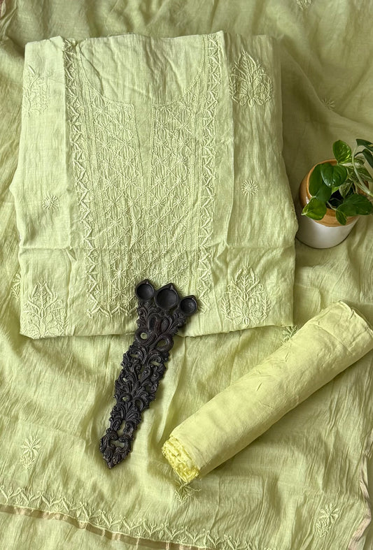Pastel green premium  chanderi cotton lucknowi chickenkari hand embroidery three piece suit