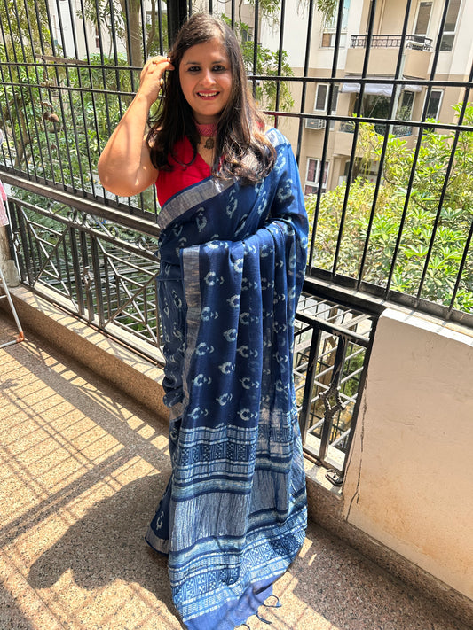 Indigo akola linen zari woven handblock sari