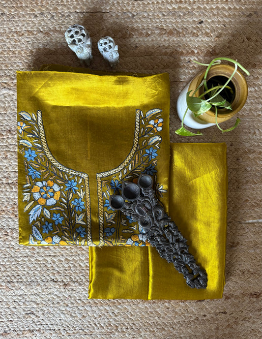 Mustard mashru silk hand embroidery kashmiri handembroidery sozni work cord set cs- 21