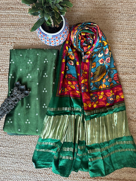 Green triangle bandhani patola pichwai mashru  silk kurta with  handcrafted modal silk dupatta ps- 1033