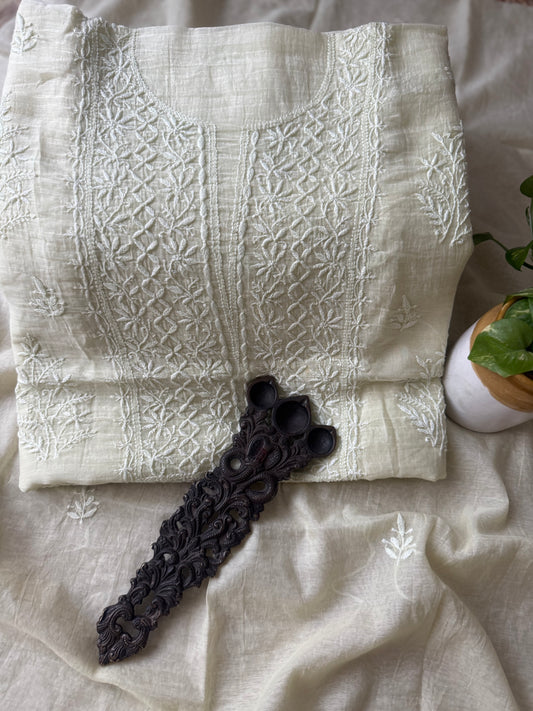 Pale yellow premium  mull chanderi lucknowi chickenkari hand embroidery three piece suit