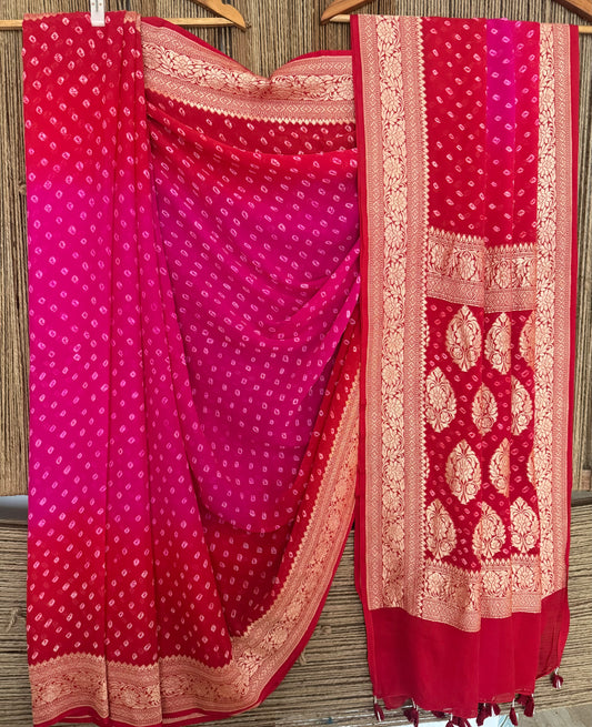 Hot pink to deep red handwoven neem zari bareek bandhani saree with khaddi georgette