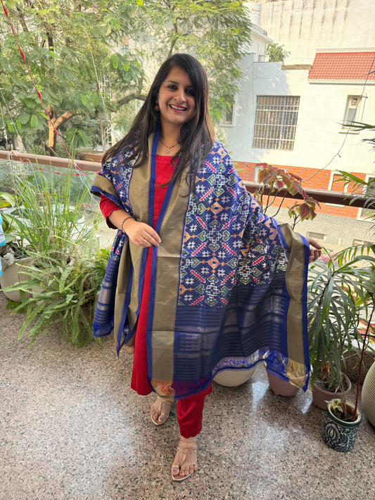 Blue - handspun handwoven pochampally ikat silk dupatta with zari border