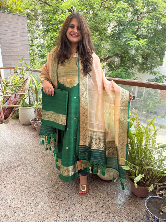 Bottle green raw silk certified handloom banarsi kadwa butti with woven zari three piece suit