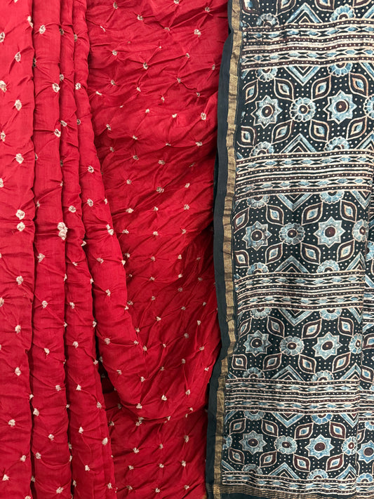 Red chanderi silk bandhani handcrafted ajrakh sari