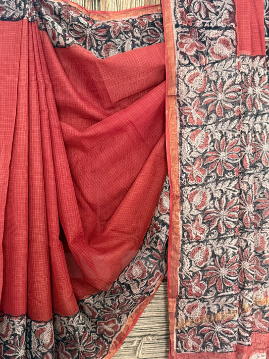 Maroon kota doria handblock sari