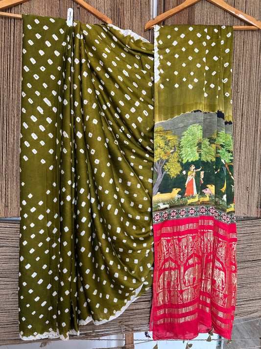Mehendi green modal silk bandhani  sari with pichwai print bps 30