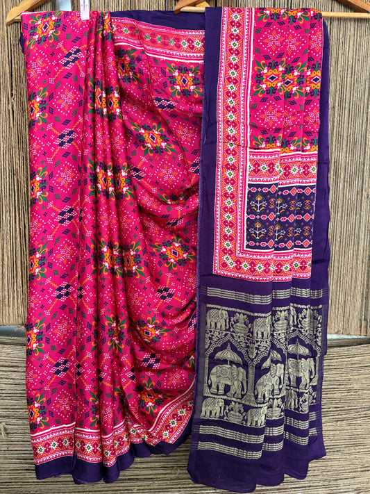 Pink & purple patola modal silk  pichwai print sari with zari border pms-10156