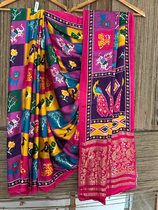Multicolour  peacock patola modal silk patola print sari with zari border pms-10144