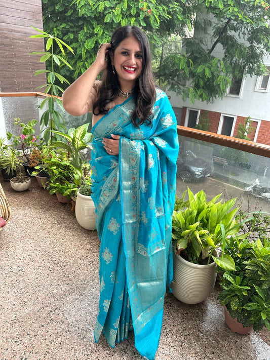 Cyan blue banarasi muga  silk certified zari woven  sari