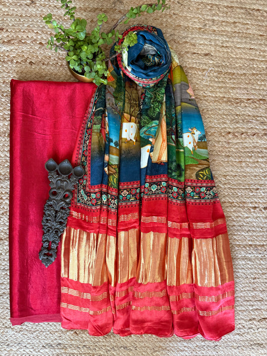 Red solid mashru silk kurta with patola handcrafted modal silk dupatta ps-215