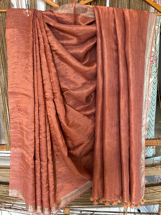 005 rust golden metallic linen sari with silver woven  border and tassels