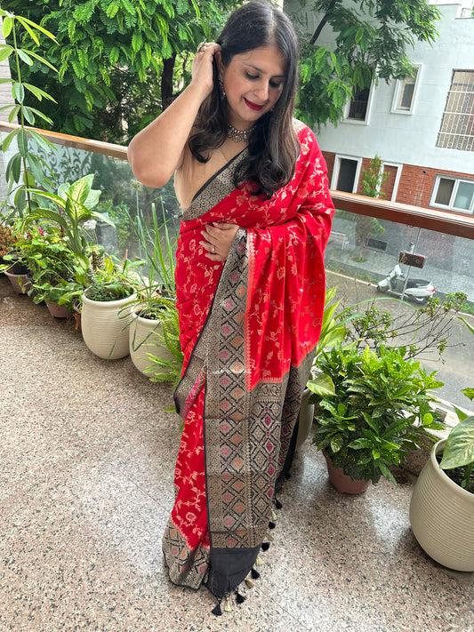 Red & black banarasi chiniya silk certified zari woven  sari