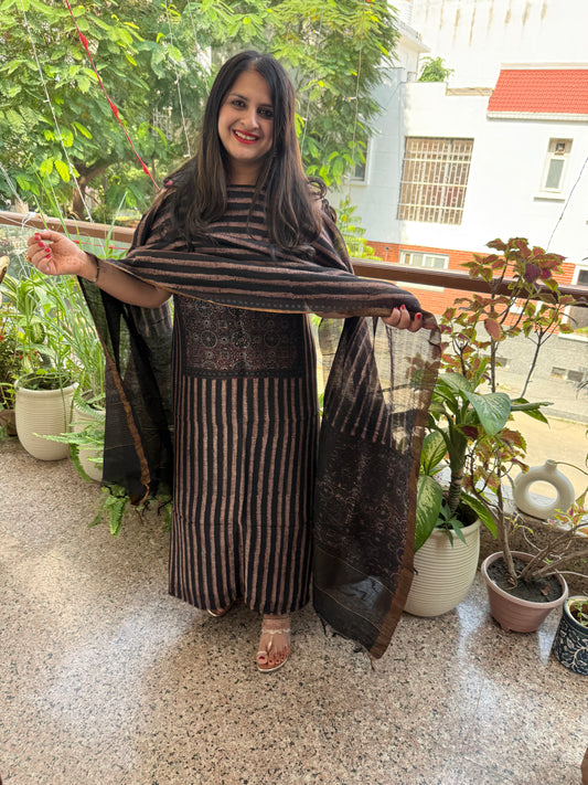 Black ajrakh linen silk handblock suit set