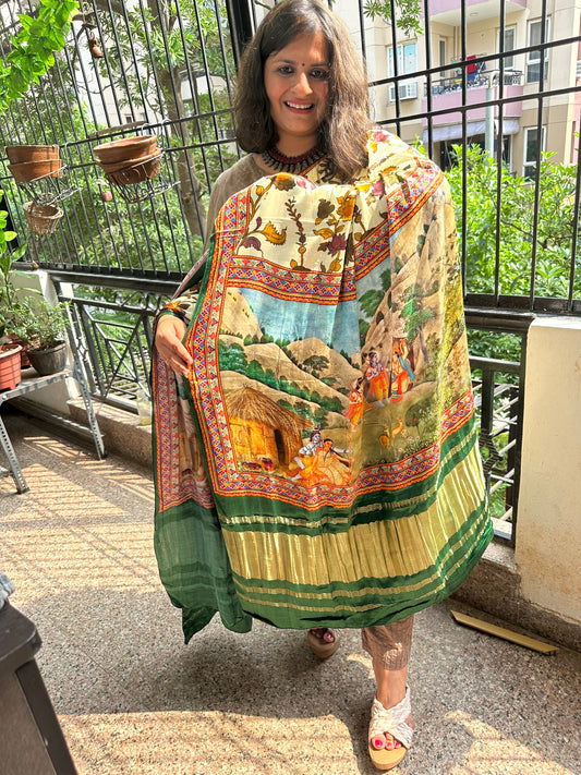 Cream green pichwai patola print modal silk dupatta