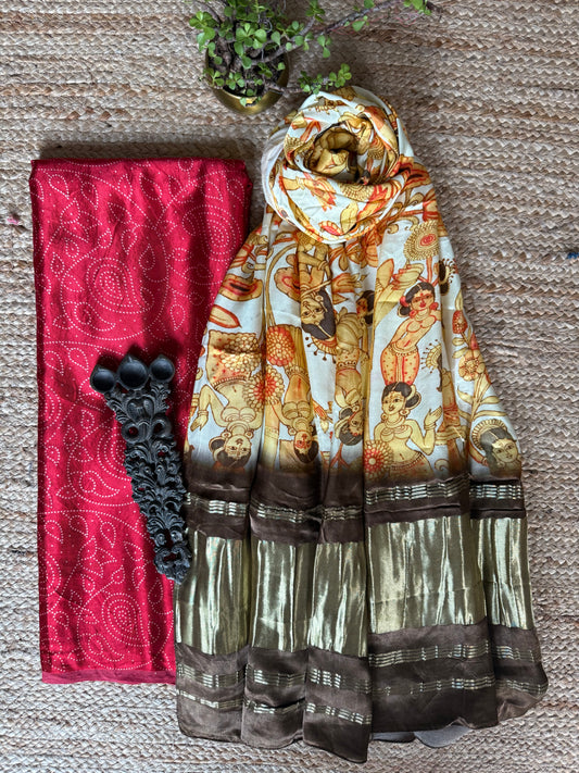 Red mashru silk kurta with patola handcrafted modal silk dupatta ps-235