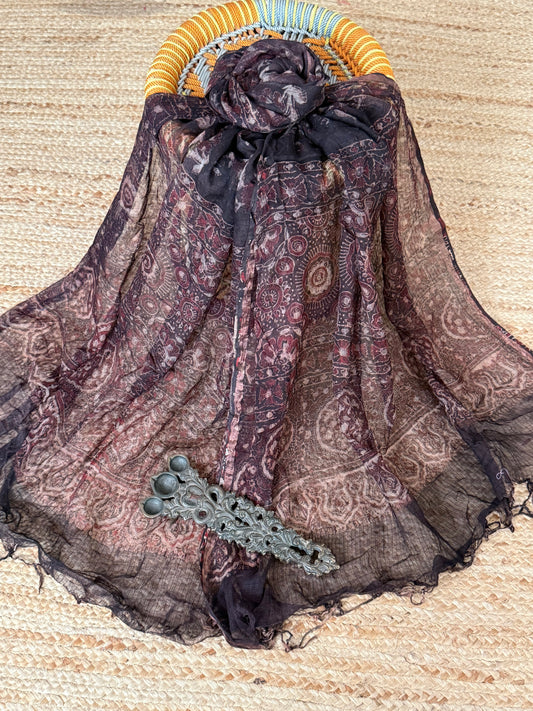 Brown black kota ajrak handcrafted dupatta