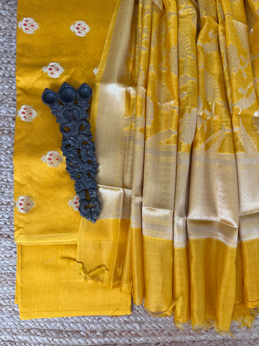 Mustard Yellow chanderi handloom  banarsi booti three piece suit