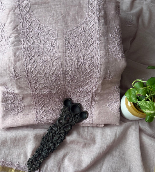 African violet purple premium  mull chanderi lucknowi chickenkari hand embroidery three piece suit