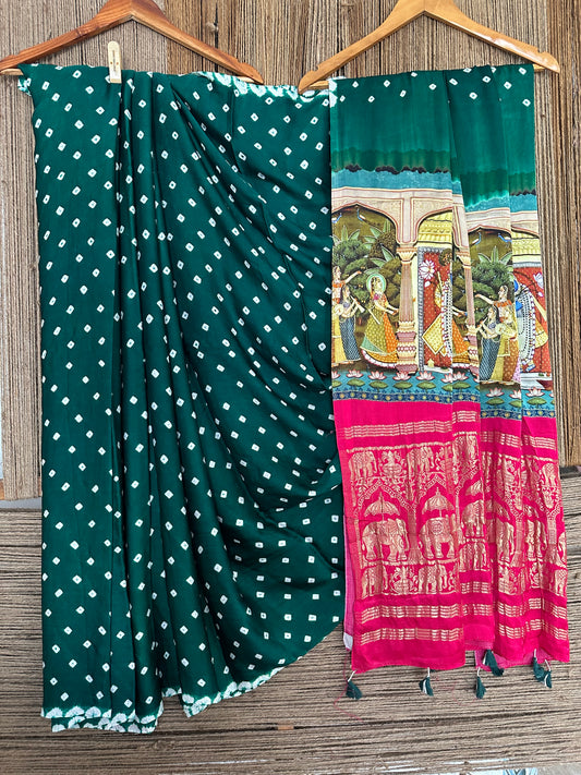 Castleton green modal silk bandhani  sari with pichwai print bps 20