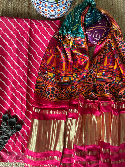 Pink leheriya  mashru silk kurta with patola handcrafted modal silk dupatta ps-68