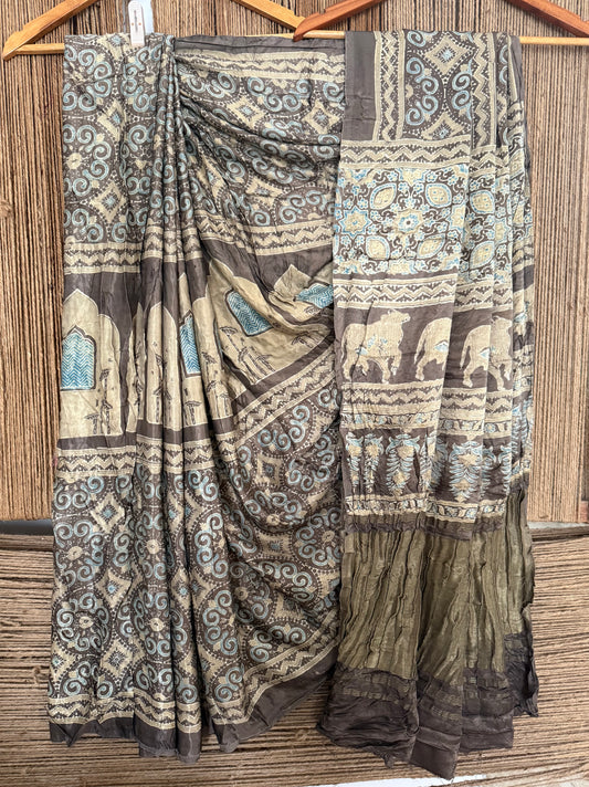 Gray brown ajrakh handblock modal silk sari
