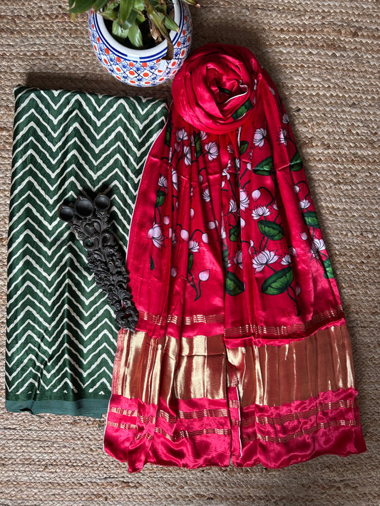 Green zigzag mashru silk kurta with patola handcrafted modal silk dupatta ps-203