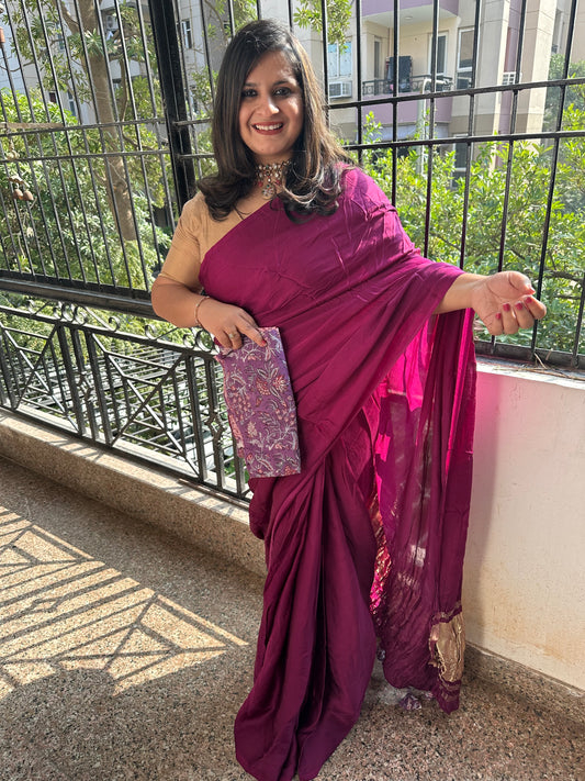 Purple solid modal silk sari with zari border
