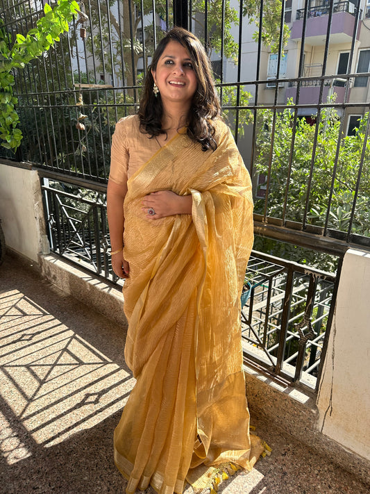 Mango yellow banarasi zari crushed tissue sari