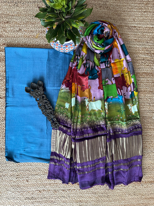 Sky blue solid mashru silk kurta with patola handcrafted modal silk dupatta ps-10142