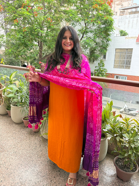 Mustard gajji and purple pink ombrã© shade handwoven bareek bandhani dupatta  in pure gajji  kurta set