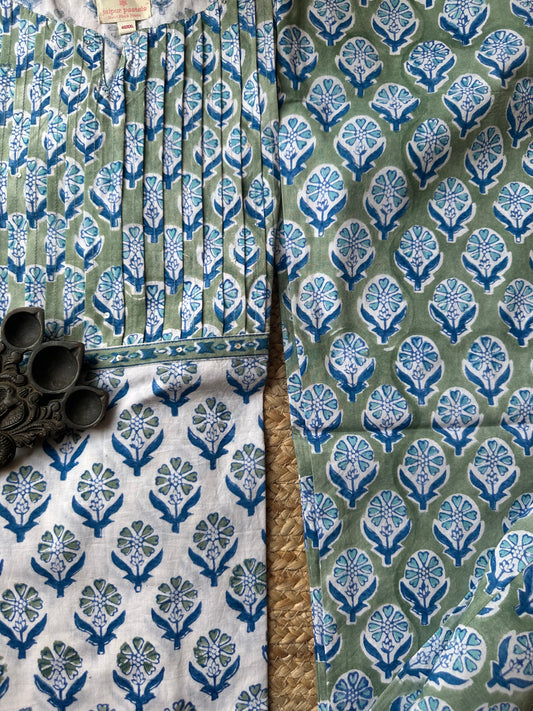 Green blue floral  cotton handblock handcrafted kurta set with border