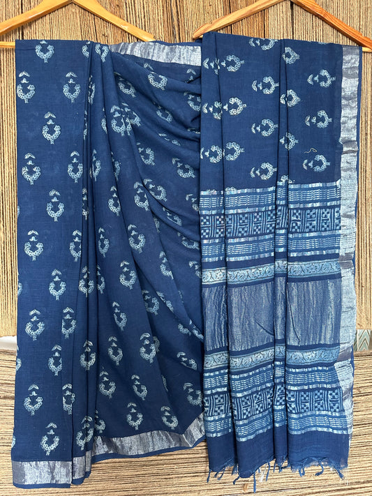 Indigo akola linen zari woven handblock sari