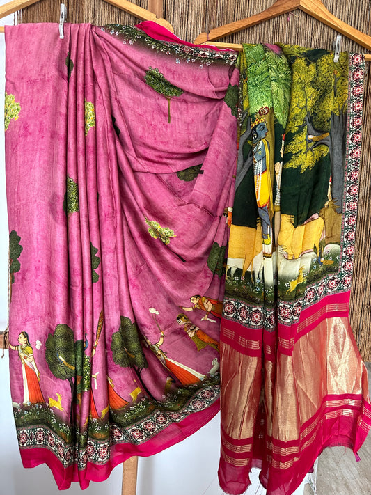 Purple pink  pichwai  modal silk patola print sari with zari border  pms- 1031